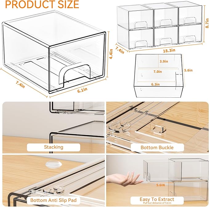 Yieach 6 Pack Small Stackable Storage Drawers,4.4 Inch Tall Stacking Acrylic Clear Storage Bins for Bathroom Vanity,Undersink