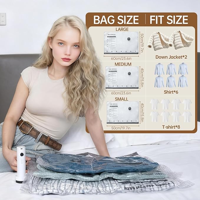 Vacuum Bags for Travel with Wireless Rechargeable Pump, 12 Pack Carry-on Size Compression Packing Seal Bags for Luggage and S