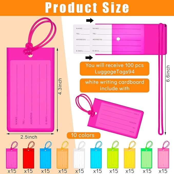 Sumind 150 Pcs Plastic Luggage Tags Assorted Name Identification Labels Flexible Suitcase Tags for Travel Baggage, 10 Colors 