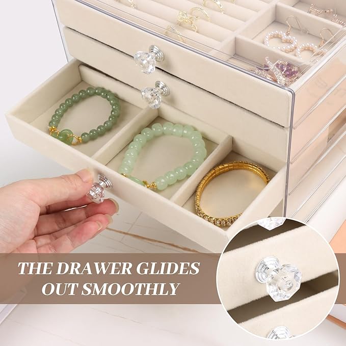 Hyber&Cara Luxury Acrylic Jewelry Box Organizer - 5 Drawers Velvet Lined Clear Stackable Storage for Earrings Necklaces Rings