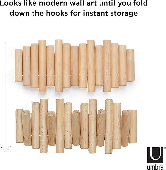 Umbra Picket Wall-Mounted Coat Rack Rail Hook with 5 Retractable Wood Pegs – Modern, Space-Saving Storage Organizer, Natural 