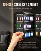 Uniclife 100 Position Key Cabinet with Key Lock Wall Mounted Black Security Storage Box Steel Key Organizer with Colorful Key