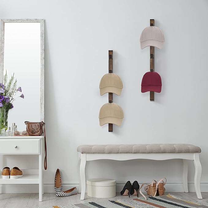 Hat Rack for Wall Baseball Cap Organizer Hanger (2 Pack) Modern Wooden Hat Holder Wall-Mounted Caps Display for Closet Door B