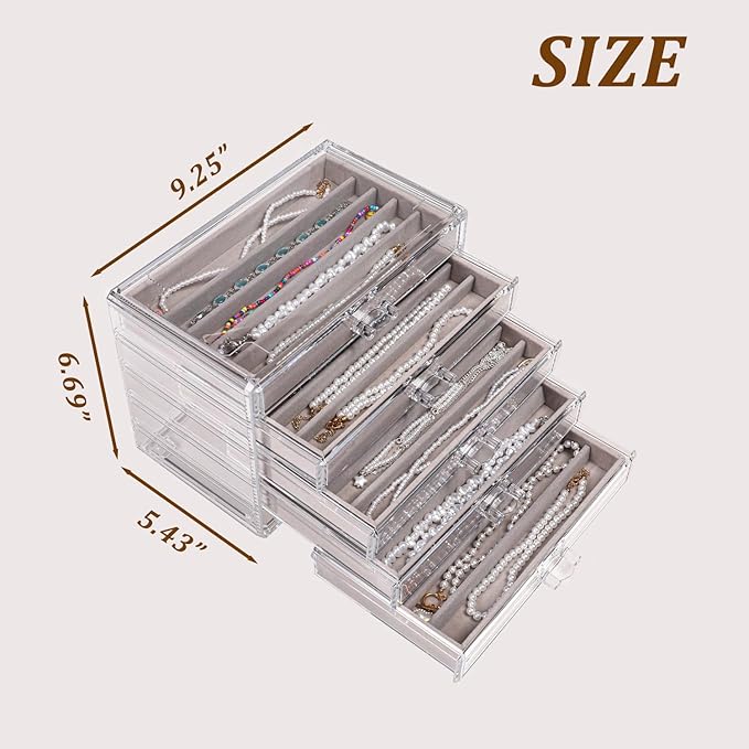 5 Drawerss Necklace Organizer Box, Tray with Clear Lid, Dustproof Velvet Necklaces Holder Storage Display Case, Gery Necklace