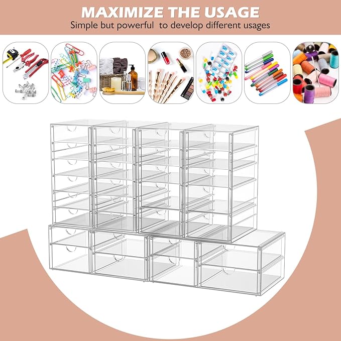 2 Pack Desk Organizers, Makeup Organizer Storage with 7 Drawers, Desktop Office Supplies, Clear Desk Accessories, Dustproof D
