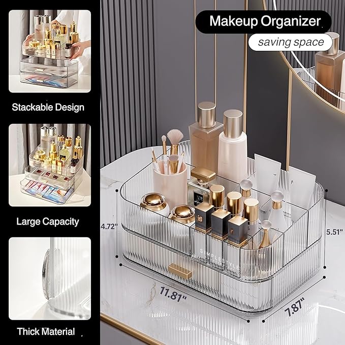 Clear Makeup Organizer for Vanity, Large Desk Organizer with Stackable Drawer for Cosmetics, Skincare, Lipsticks, Palette, Na