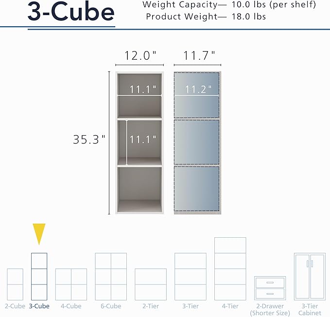 Homes: Inside + Out Apexa 3-Cube Storage Organizer Shelves, Stackable Wood Bookcase Fits Cubby Bins for Organization, Dorm Te