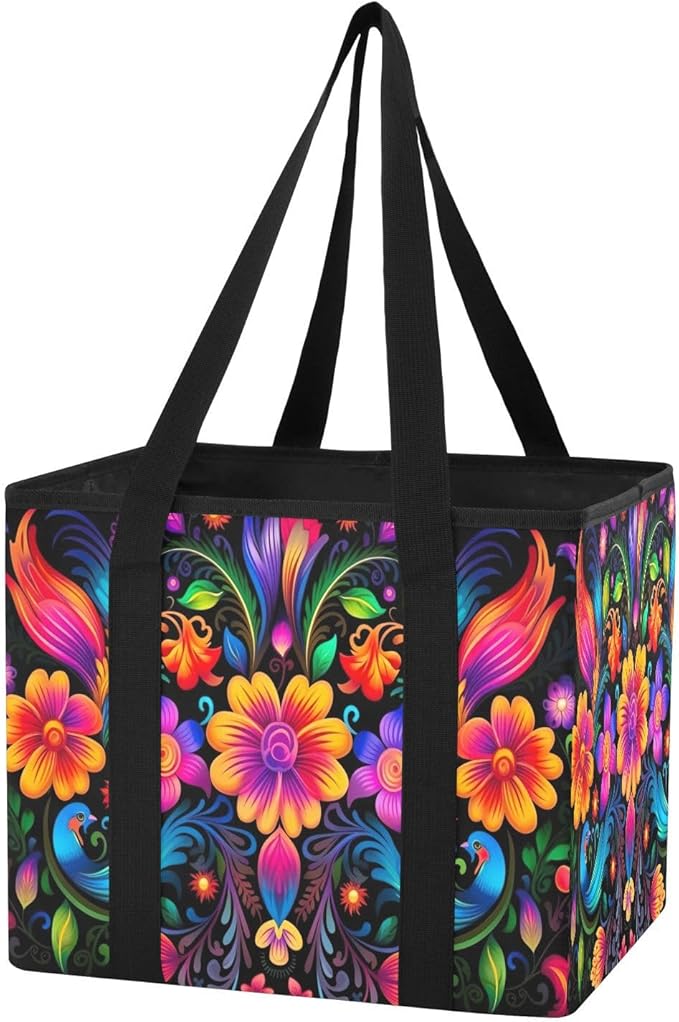 Colorful Mexican Floral Reusable Grocery Bags Large Shopping Tote Bag with Reinforced Bottom Board, Water Resistant Foldable 