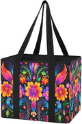 Colorful Mexican Floral Reusable Grocery Bags Large Shopping Tote Bag with Reinforced Bottom Board, Water Resistant Foldable 