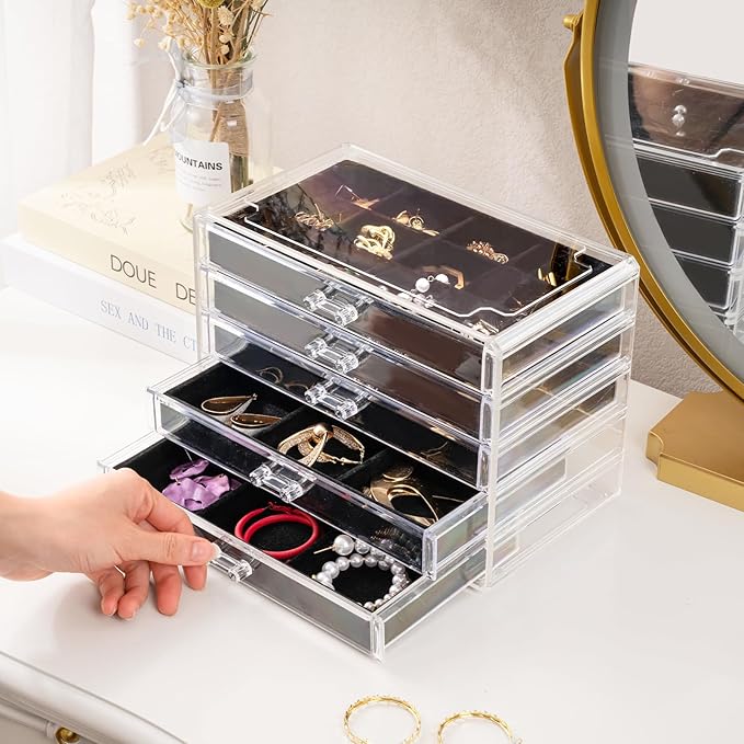ProCase Earring Holder Organizer Jewelry Box with 5 Drawers, Acrylic Clear Earring Case with Adjustable Velvet Trays for Wome