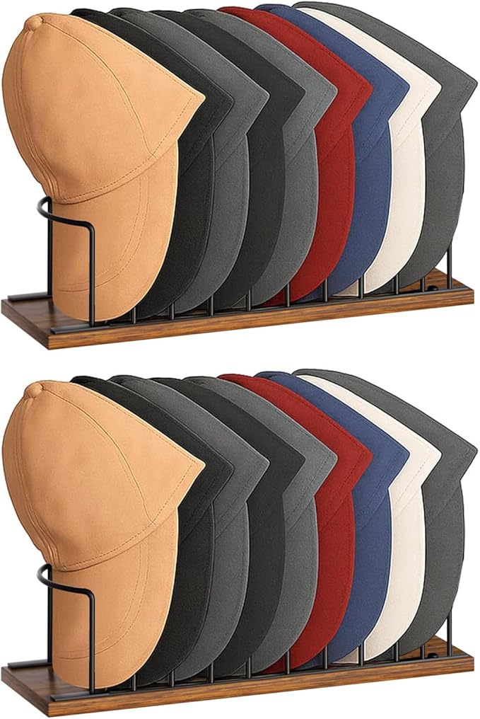 SWTYMIKI Hat Stand for Baseball Caps - 2 Tier Wood & Metal Removable Tabletop Hat Organizer Storage Display Rack, Holds up to