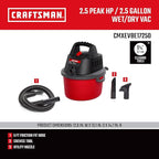 CRAFTSMAN CMXEVBE17250 2.5 Gallon 2.5 Peak HP Wet Dry Vac, Portable Shop Vacuum Wet and Dry with Filter Bag, Hose and Attachm