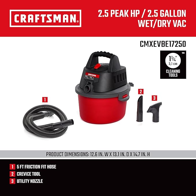 CRAFTSMAN CMXEVBE17250 2.5 Gallon 2.5 Peak HP Wet Dry Vac, Portable Shop Vacuum Wet and Dry with Filter Bag, Hose and Attachm