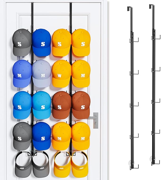 SWTYMIKI Over Door Hat Organizer - 2 Packs Metal Wall Mounted Hat Rack with 5-Tier Dual Hooks Design, Hanging Baseball Cap Or