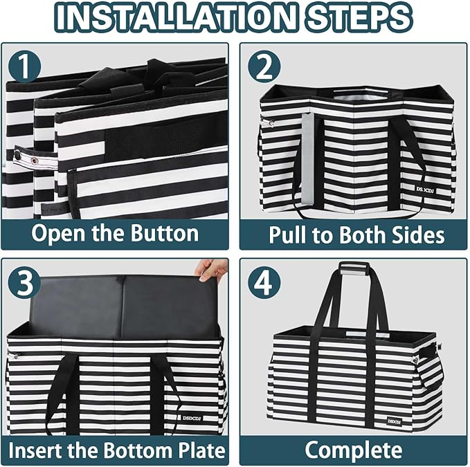 Standing Extra Large Utility Tote Bag with Hard Bottom & Hard Sides, Heavy Duty Reusable Grocery Bags with Handles & 3 Pockets for Shopping, Picnics, Camping, Laundry, Car, Beach Tote Bag