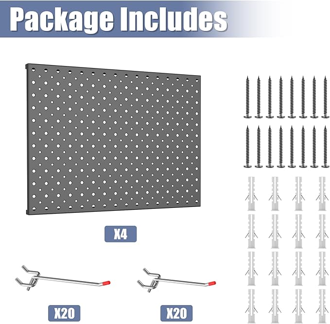 WALMANN 12"x16" Metal Pegboard Panels and Hooks for Garage, Tool Storage Pegboard with Hook - Compatible with 1/8" & 1/4" Hoo