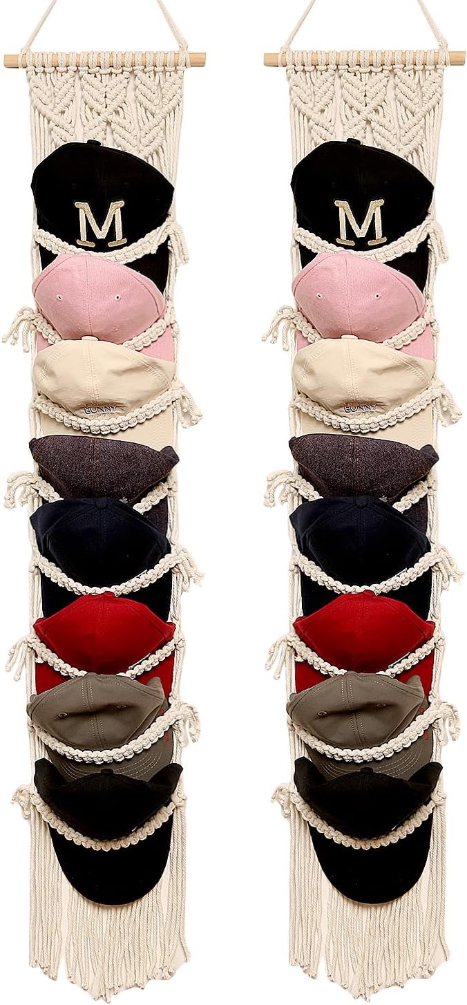 jontell Boho Ball Cap Hanger-2 Pack-Boho Macrame Cap Holder Wall Hat Organizer for Baseball Cap Holder Over Door, Hat Rack fo