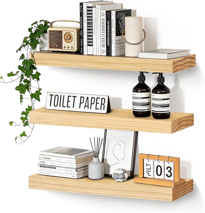 Floating Wall Shelves 24x6.8x1.7 Inch – Solid Wood Rustic Shelves in Natural Wood Finish – Wall Mounted Display Shelf for Bat