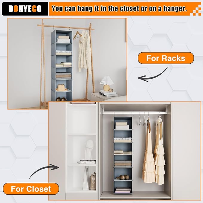 Hanging Closet Organizer and Storage 6-Shelf, Easy Mount Foldable Hanging Closet Wardrobe Shelves, Clothes Handbag Shoes Acce