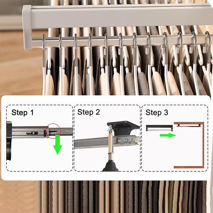 Pull Out Closet Valet Rod, Adjustable Sliding Heavy Duty Steel Top Mounted Clothes Storage Hanger Rail for Closet Wardrobe (4