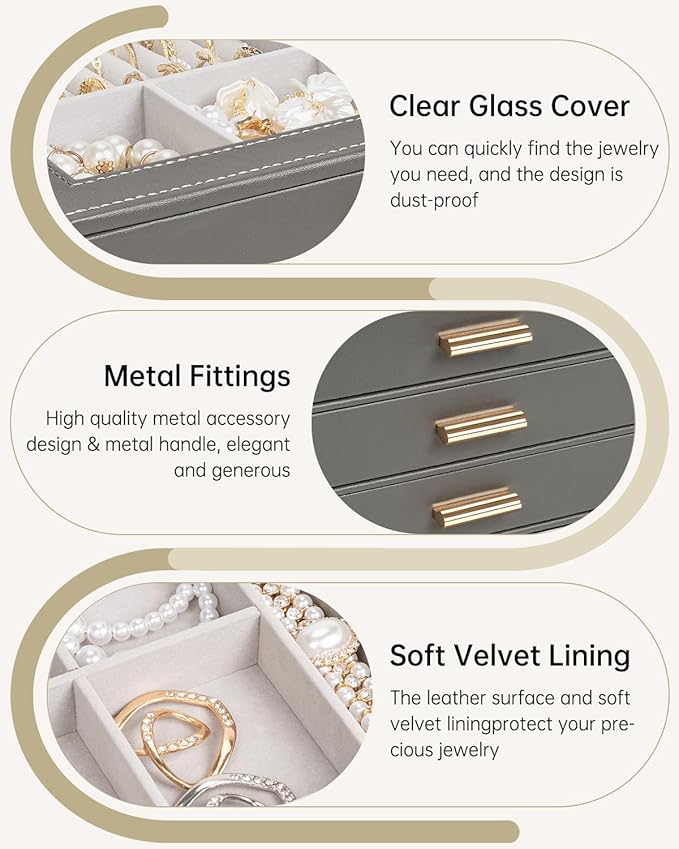 AKOZLIN Jewelry Box with Clear Lid Functional Leather Jewelry Storage Organizer Case 3 Drawers for Women Girls Necklace Ring 
