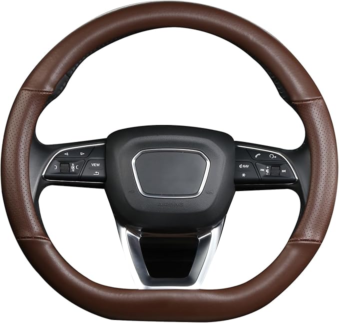 Cxtiy D Shaped Steering Wheel Cover, Genuine Leather Flat Bottom Stearing Wheel Cover Luxury Car Accessories 14 1/2-15 inch (Brown)
