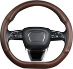 Cxtiy D Shaped Steering Wheel Cover, Genuine Leather Flat Bottom Stearing Wheel Cover Luxury Car Accessories 14 1/2-15 inch (Brown)