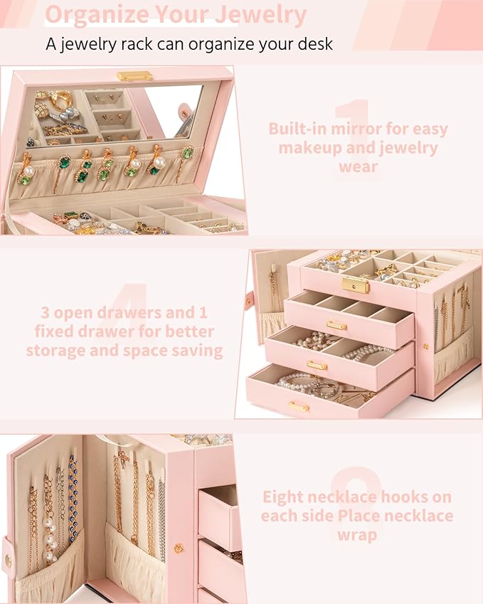 AKOZLIN Large 4-Tier Jewelry Box Leather Jewelry Storage Organizer with 3 Drawers Lockable for Women Girls Ring Necklace Earr