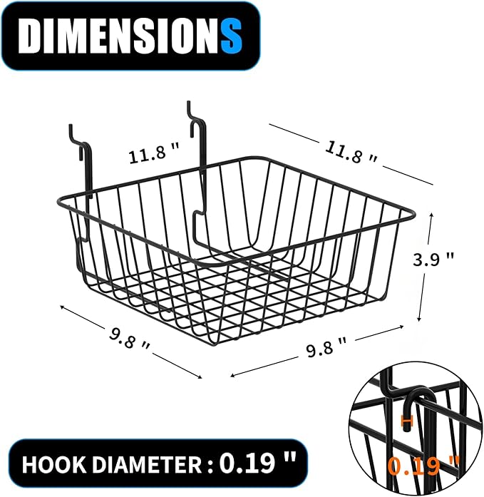 11.8" L x 11.8" D x 3.9"H - 6 pcs Black Wire Baskets for GridWall and SlatWall - Merchandiser Baskets,Grid wall Shelves Hangi