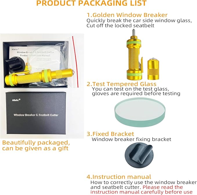 Allelic Car Window Breaker Tool, Window Breaker Seatbelt Cutter, Window Breaker, Glass Breaker, Spring Loaded Window Breaker 