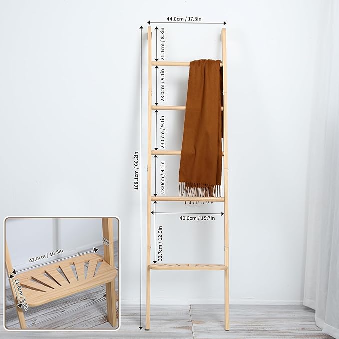 Taozun Minimalist Wood Blanket ladder - Boho Style Wall-leaning Display Towel Rack for Throw Quilt, Standing Ladder Shelf, Bl