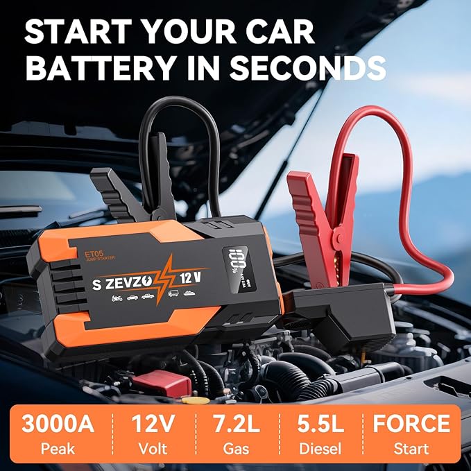 S ZEVZO ET05 Jump Starter 3000A Portable Car Jump Starter Battery Pack (7.2L Gas/ 5.5L Diesel), 51.8Wh 12V Jump Box with USB
