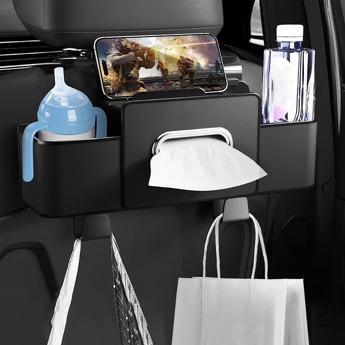 Car Back Seat Organizer with 1 Pack of 80 Tissues, Car Seat Back Tissue Box, and Storage Hook, Multi-Functional Organizer for Phone, Drinks, Handbag, Garbage Bags, Fits Most Car Models