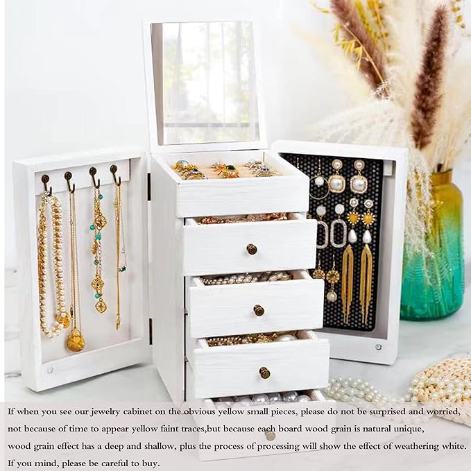 Meangood Jewelry Box Wood for Wowen, 5-Layer Large Organizer Box with Mirror & 4 Drawers for Rings, Earrings, Necklaces, Whit