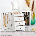 Meangood Jewelry Box Wood for Wowen, 5-Layer Large Organizer Box with Mirror & 4 Drawers for Rings, Earrings, Necklaces, Whit