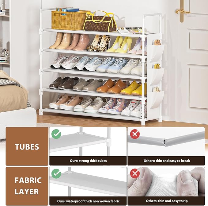 OYREL 5 Tier Shoe Organizer, 33.3in Wide x 11.2in Deep x 35.6in Tall, Black Metal and Plastic Shoe Rack with Side Bag, Holds 
