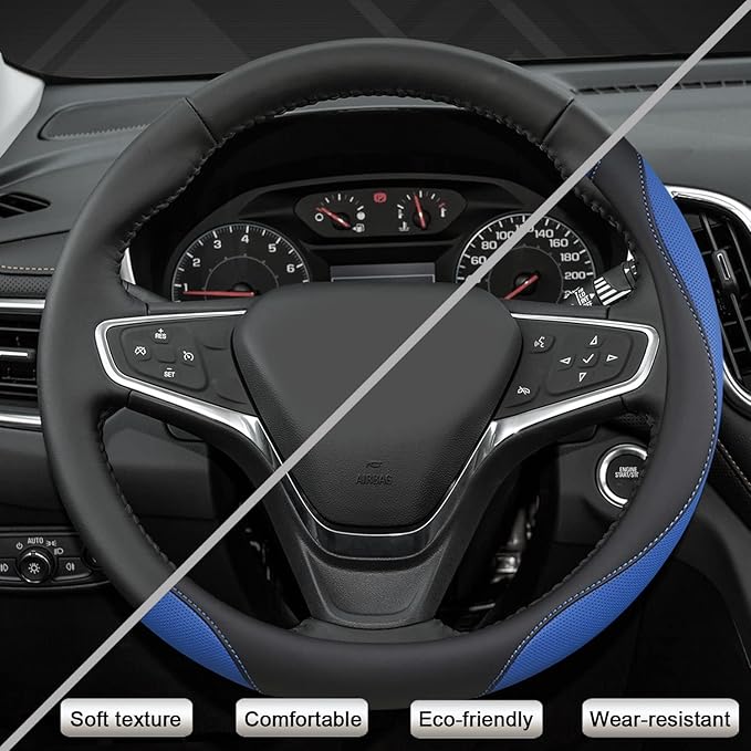 West Llama Customized Auto Car Steering Wheel Cover for Chevy 14.5-15 inches, Steering Wheel Cover for Chevrolet (Black+Blue 