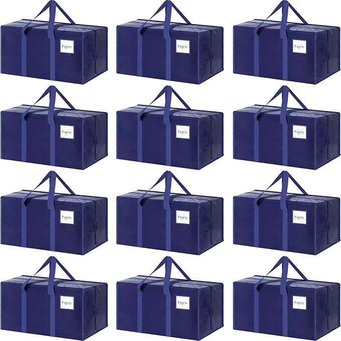 12 Pack Extra Heavy Duty Large Moving Bags with Strong Zipper & Comfortable Handles, Sturdy & Durable Clothes Storage Bags To