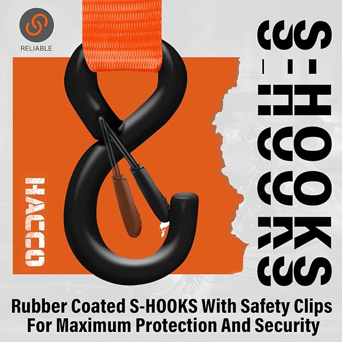 Ratchet Tie Down Straps, 2340lb Break Strength, 4pc 1inch x 16FT Tie Down Strap Set with Padded Handles & Coated S Hook W/Safety Clip, Cargo Strap Tie Down for Motorcycle, Truck (Orange)