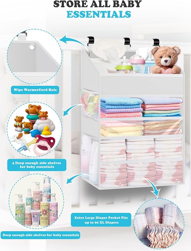 Hanging Diaper Caddy Organizer Crib Organizer–Spacious Baby Girl/Boy Nursery Organizer for Changing Table, Playpen/Wall- Hold