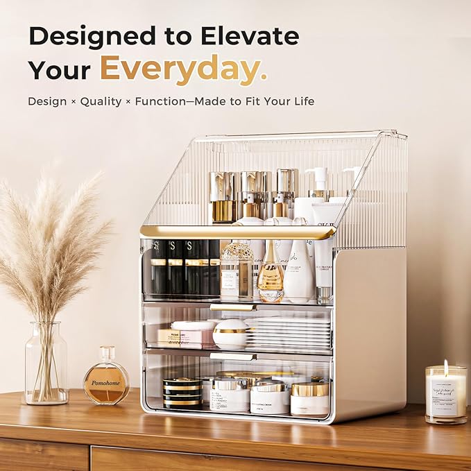 Makeup Organizer Countertop with Drawers & Lid, Skincare Organizer for Vanity, Large Cosmetic Organizer & Display Cases and S