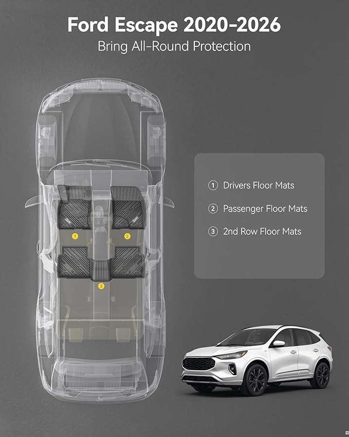 3W Floor Mats Fit for Ford Escape 2020-2025 2026 (NOT for Hybrid), TPE All Weather Custom Fit Floor Liner for Ford Escape 1st and 2nd Row Full Set Accessories Car Liners Black