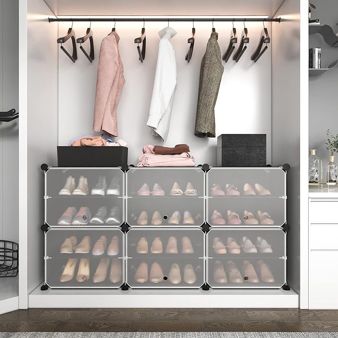 ROJASOP 6-Tier 24-Pair Expandable Shoe Rack Organizer with 2 Hooks, Black
