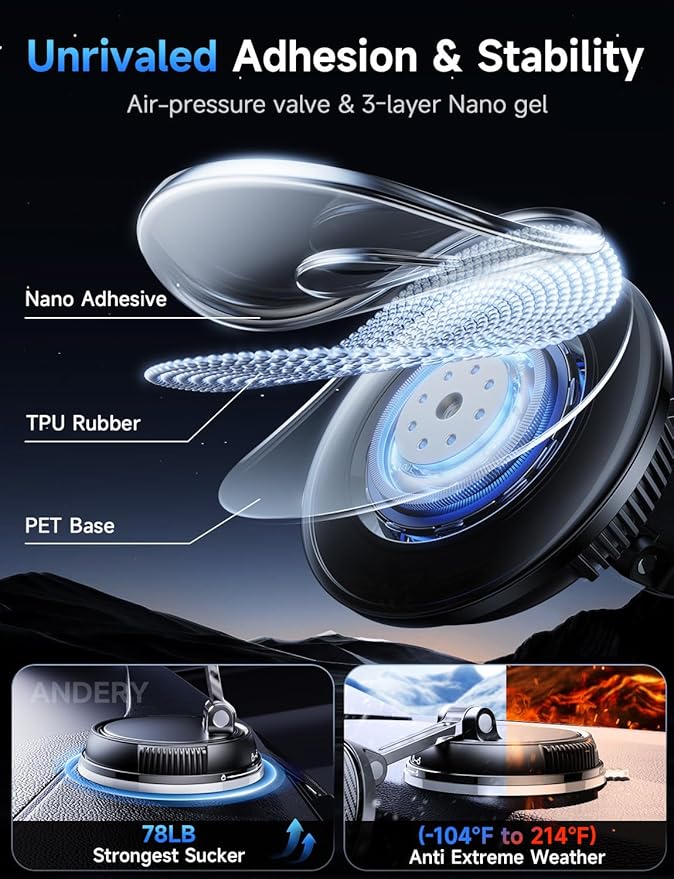 ANDERY Only for iPhone Magsafe Car Mount Charger [15W Wireless Faster Charging, 78+LBS Strongest Suction, 2400gf Strongest Magnetic] 360° Adjustable Car Phone Holder, Phone Holders for Your Car, Black