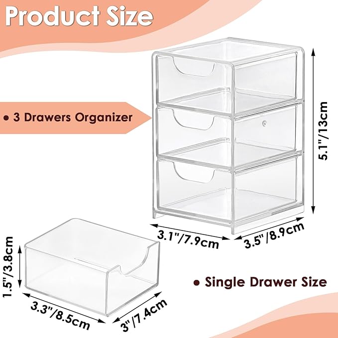 BTSKY 2 Pack Small Acrylic Storage Organizer with Drawers, 3-Layer Clear Desktop Organizer for Office Supplies Mini Storage B