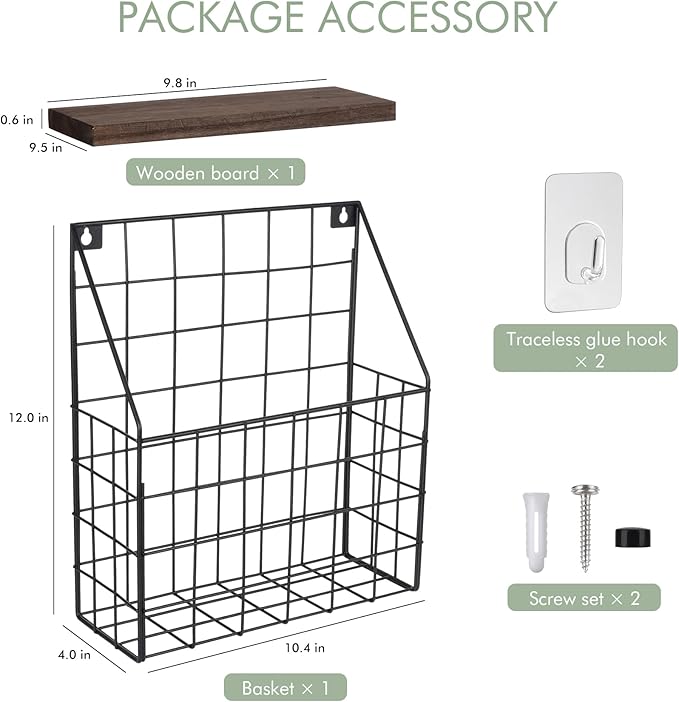 Mail Holder Magazine Basket - 1 Pack Black Wall Mount File Organizer Rack of Wooden Style with Adhesive Mounting - Metal Wire