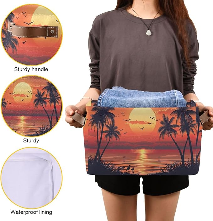 xigua Summer Palm Trees Storage Basket Collapsible Storage Bins Waterproof Canvas Storage Basket with Leather Handles for Hom