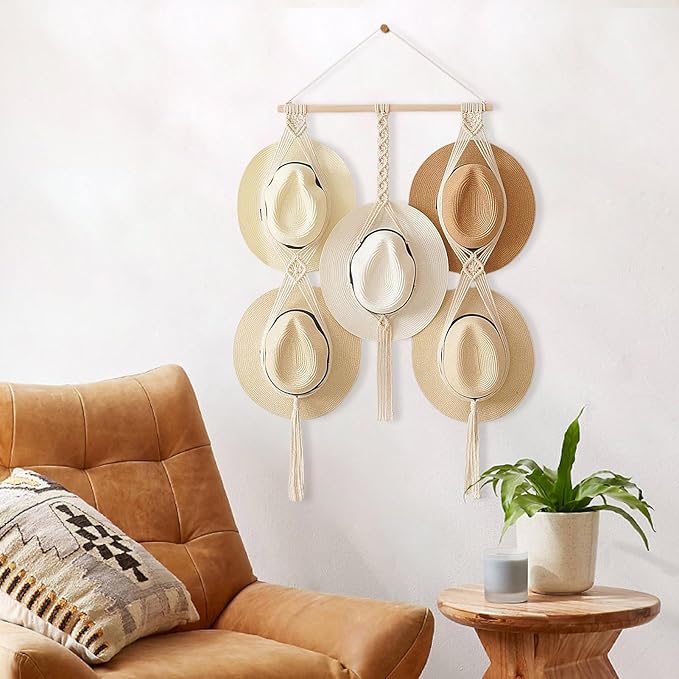 Tissting Macrame Hat Hangers Boho Hat Rack for Wall Hat Holder Display Organizer Bobo Hanging Hat Organizer Storage for Wide 