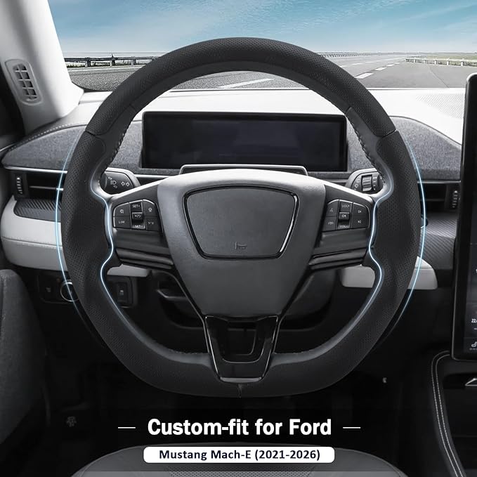 3-Piece Leather Steering Wheel Cover for Ford Mustang Mach-E 2021-2026, Custom Fit Clip-On Quick Installation Ultra-Thin Form-Fitting Interior Car Accessories for Men Women(Black Hole)