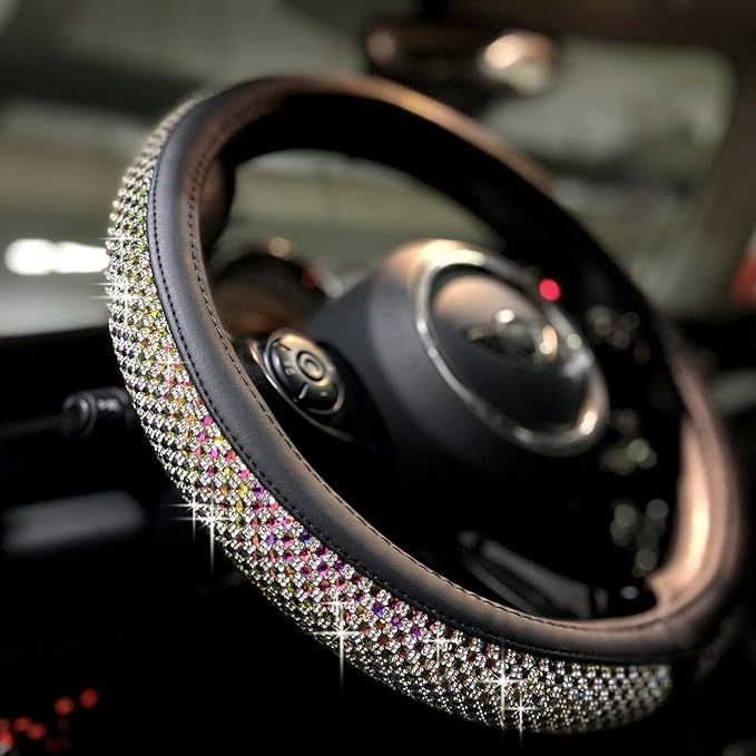 PINCTROT Large Size Bling Comfy Steering Wheel Cover with Jumbo Crystal Rhinestones, Anti-Slip Diamond Leather, 15.5-15.75 Inch (Colorful)